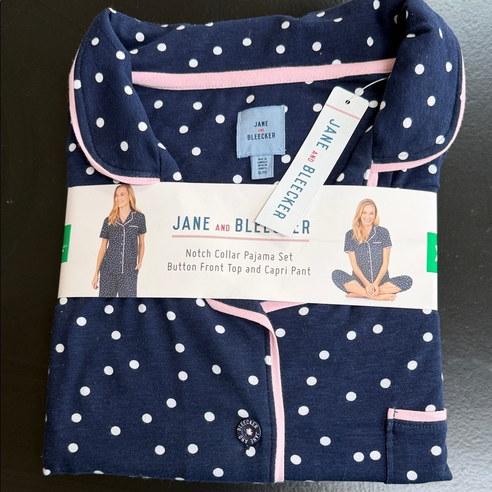 Jane and Bleecker Navy Polka Dot Pajama Set with Pink Accents